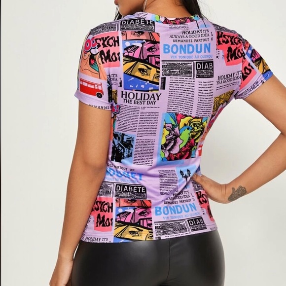 MULTICOLORED NEWSPAPER PRINT TEE - Picture 2 of 6